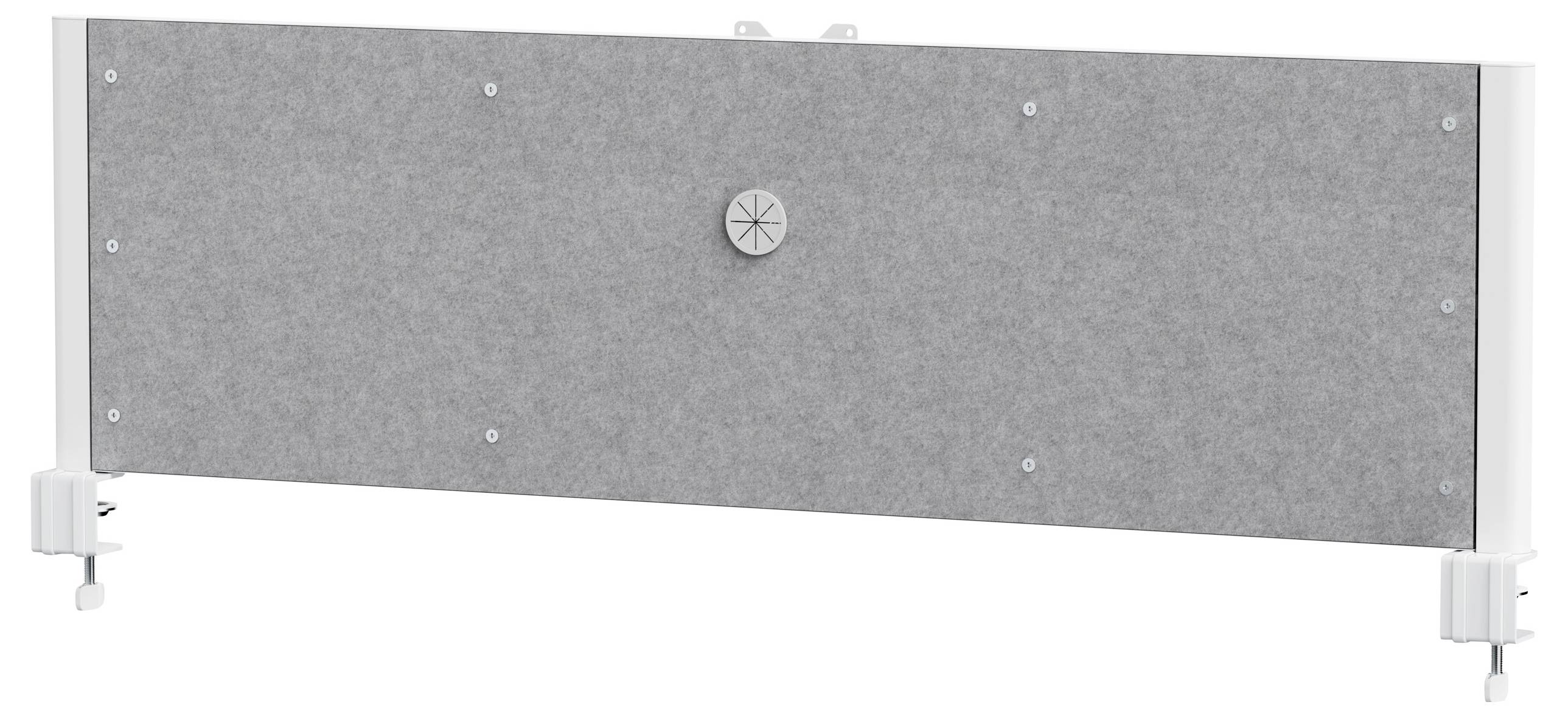 Siva akustička pregrada za radni stol s kružnim dizajnerskim elementom u sredini i bijelim nosačima sa svake strane za postavljanje.