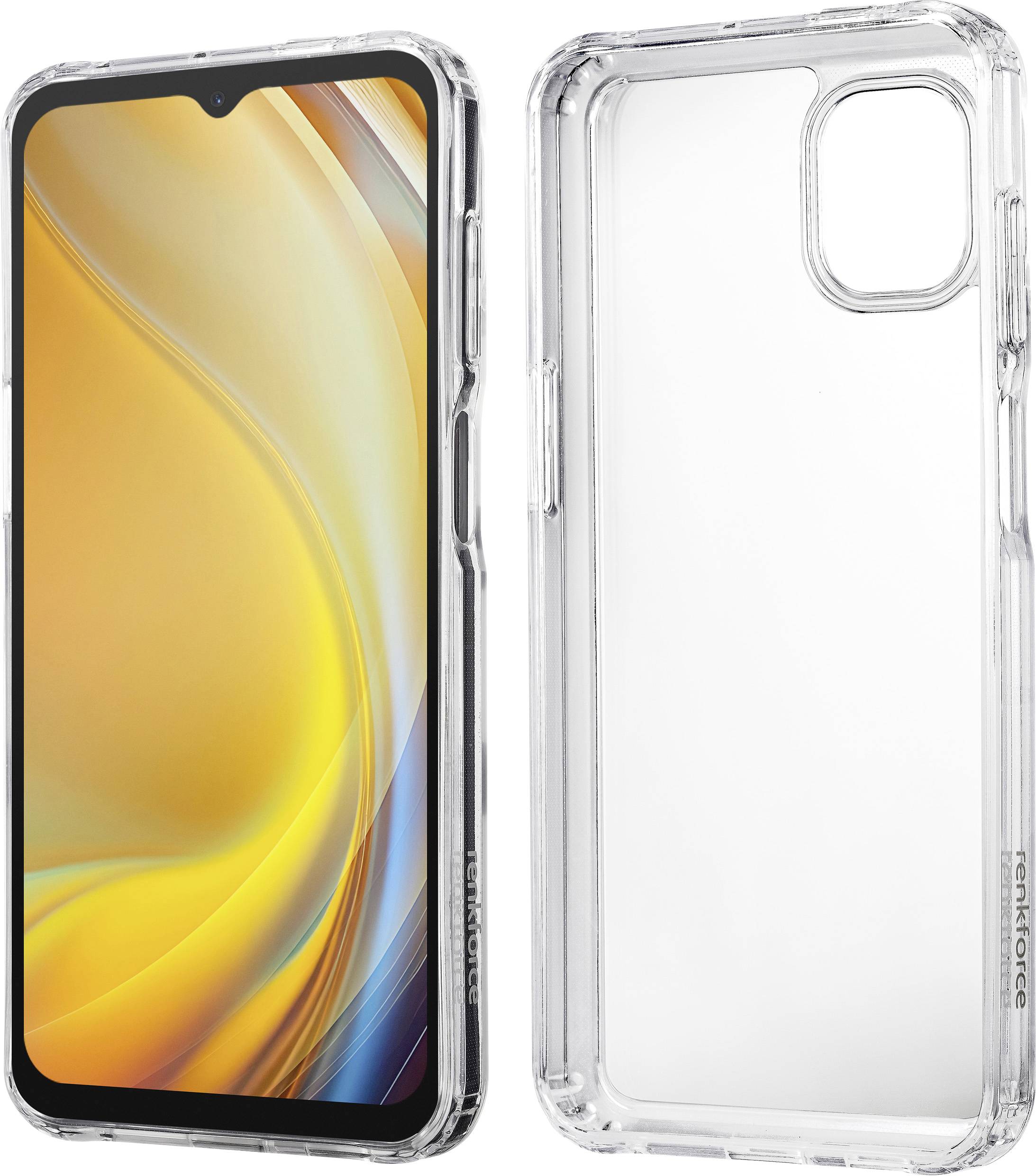 Dva pametna telefona u prozirnim kutijama; jedan prikazuje živahno žuti zaslon, drugi pokazuje stražnju stranu, naglašavajući raspored kamere.