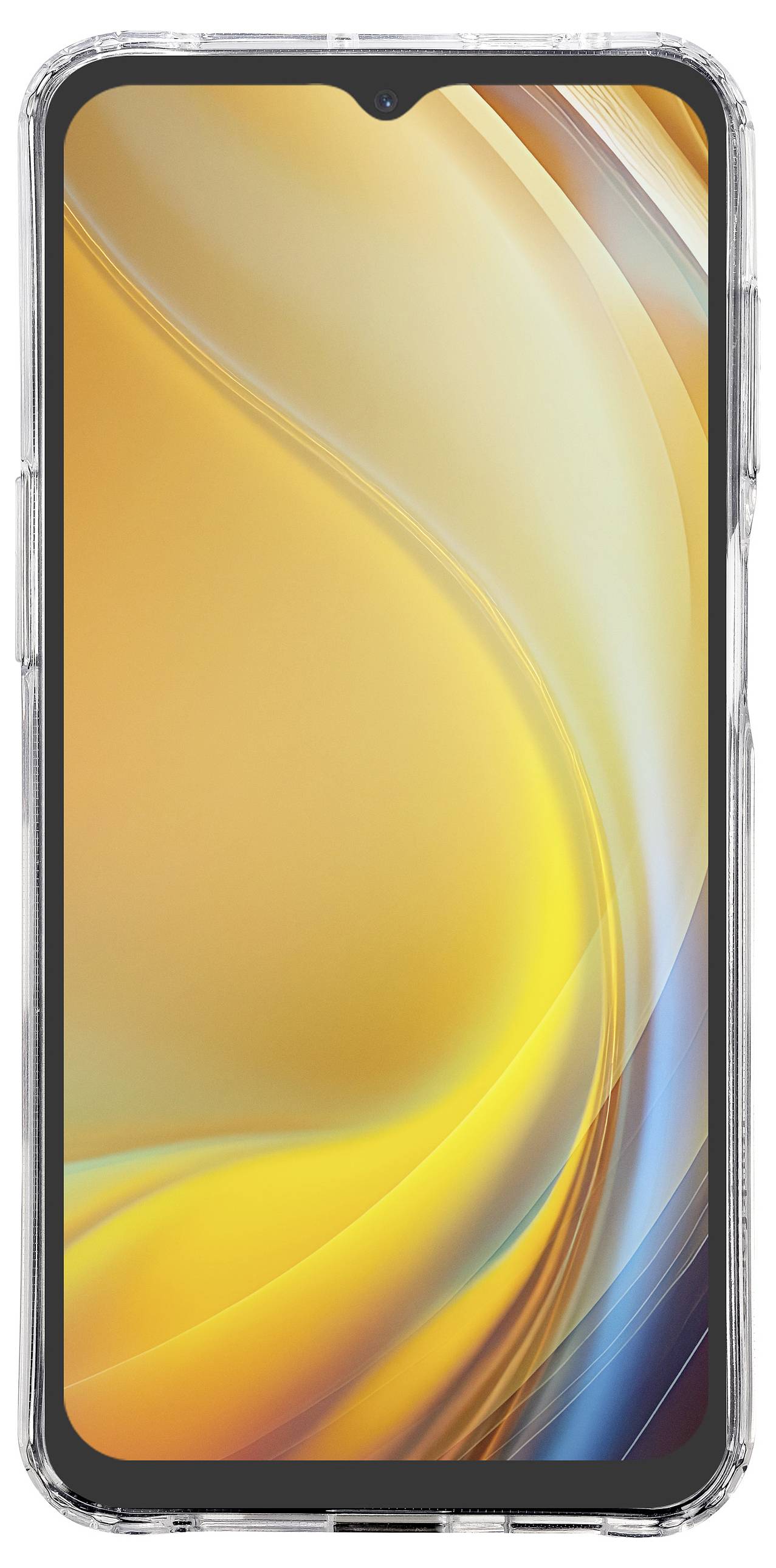 Pametni telefon s prozirnom zaštitnom futrolom, na čijem zaslonu se ističe živahan, apstraktni žuto-narančasti vrtlog.