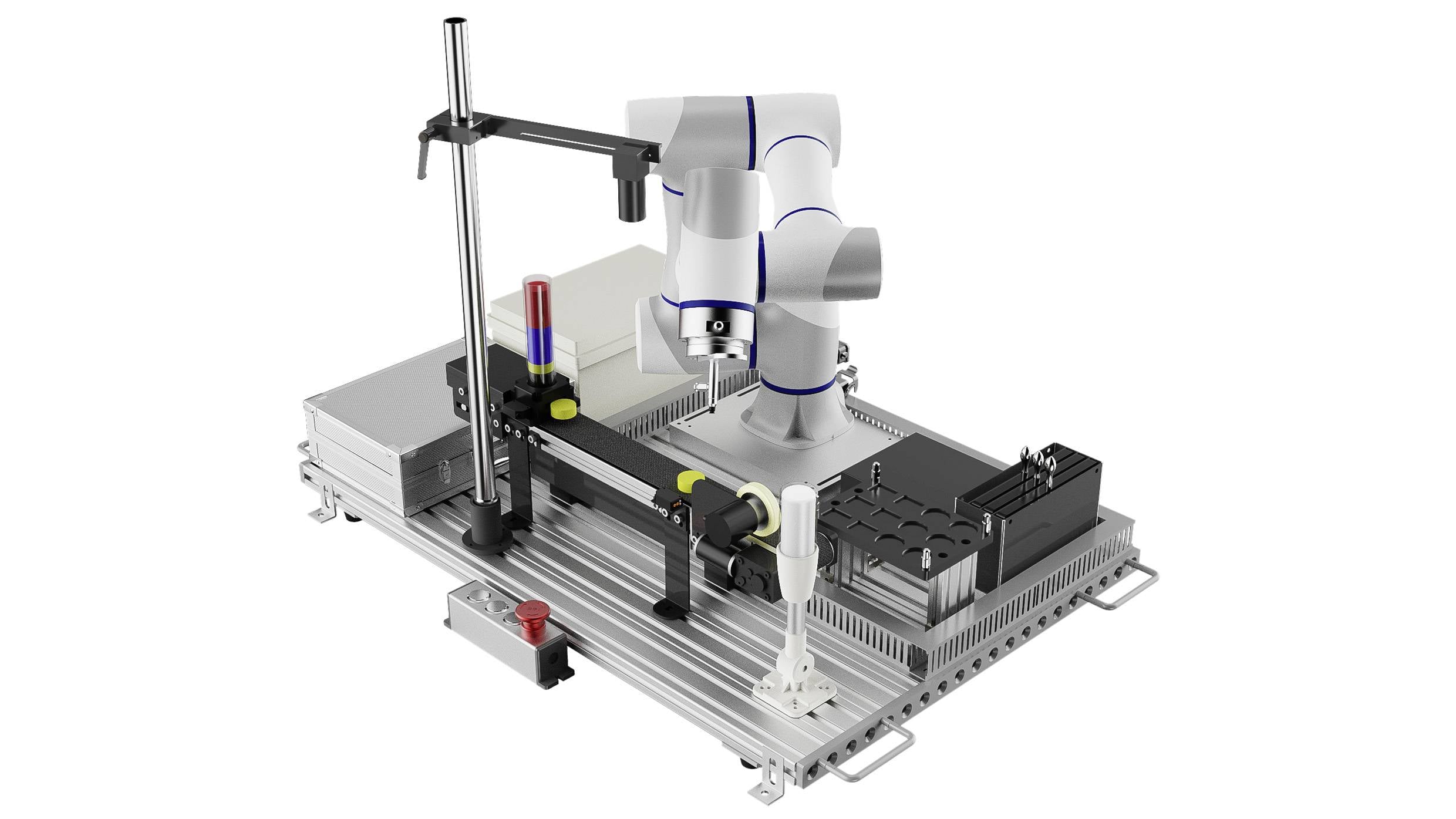 Robotska ruka montirana na metalnoj bazi namijenjena industrijskoj automatizaciji, s centralnom zglobnom rukom i različitim priključenim komponentama.