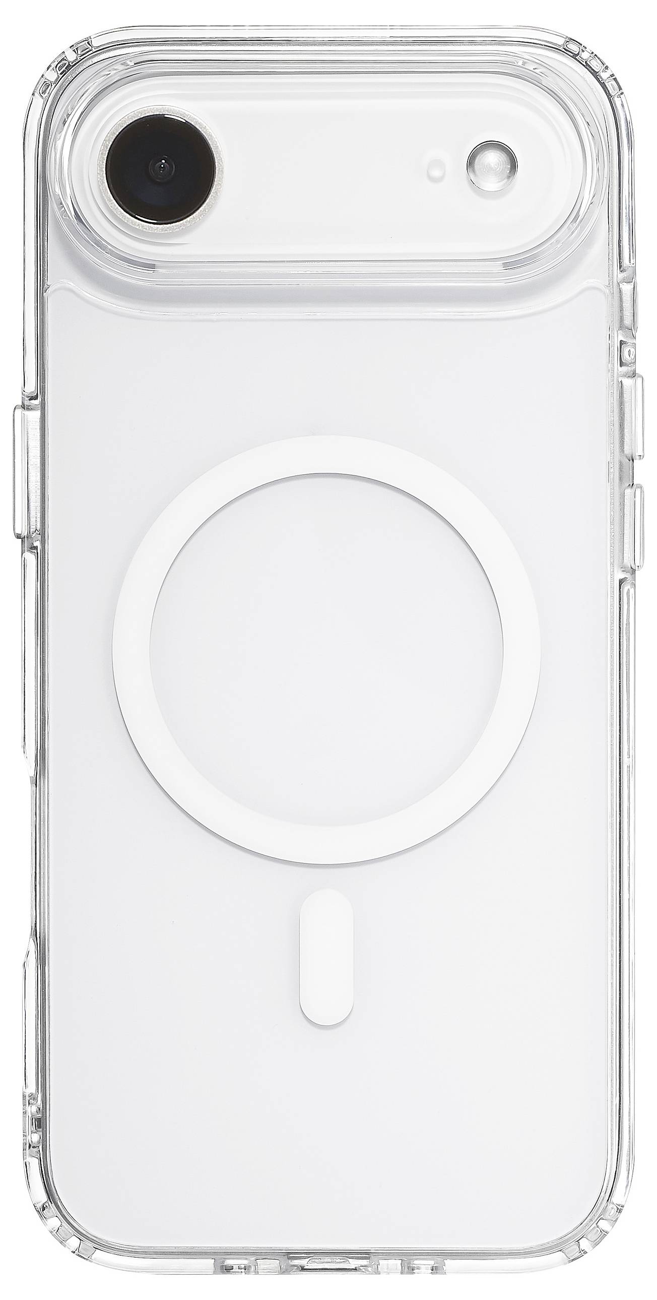 Prozirna maskica za telefon s kružnim dizajnom na stražnjoj strani, kompatibilna s MagSafe tehnologijom, namijenjena iPhone modelu.