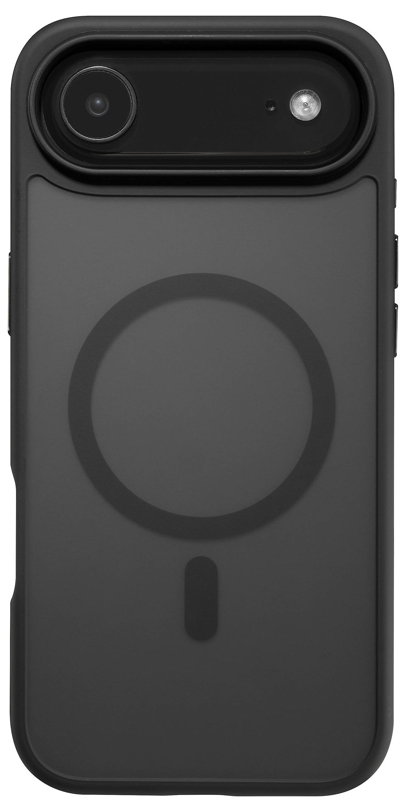 Crni smartphone etui s kružnim magnetskim dizajnom na stražnjoj strani, s otvorom za kameru u gornjem lijevom kutu.