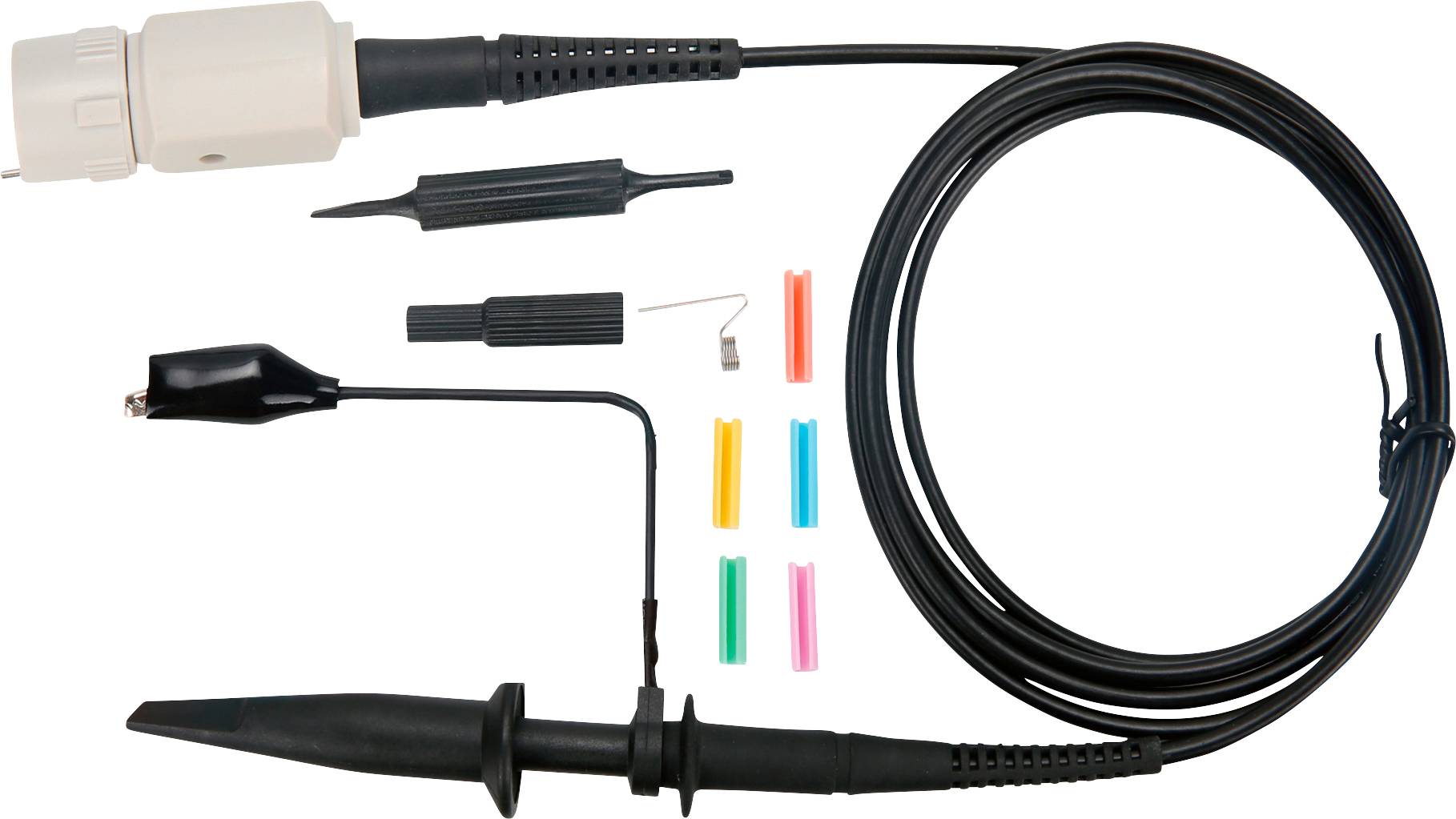 Osciloskopska sonda s kabelom, krokodilskom stezaljkom i priborom. Služi za prijenos signala u elektroničkim mjerenjima.
