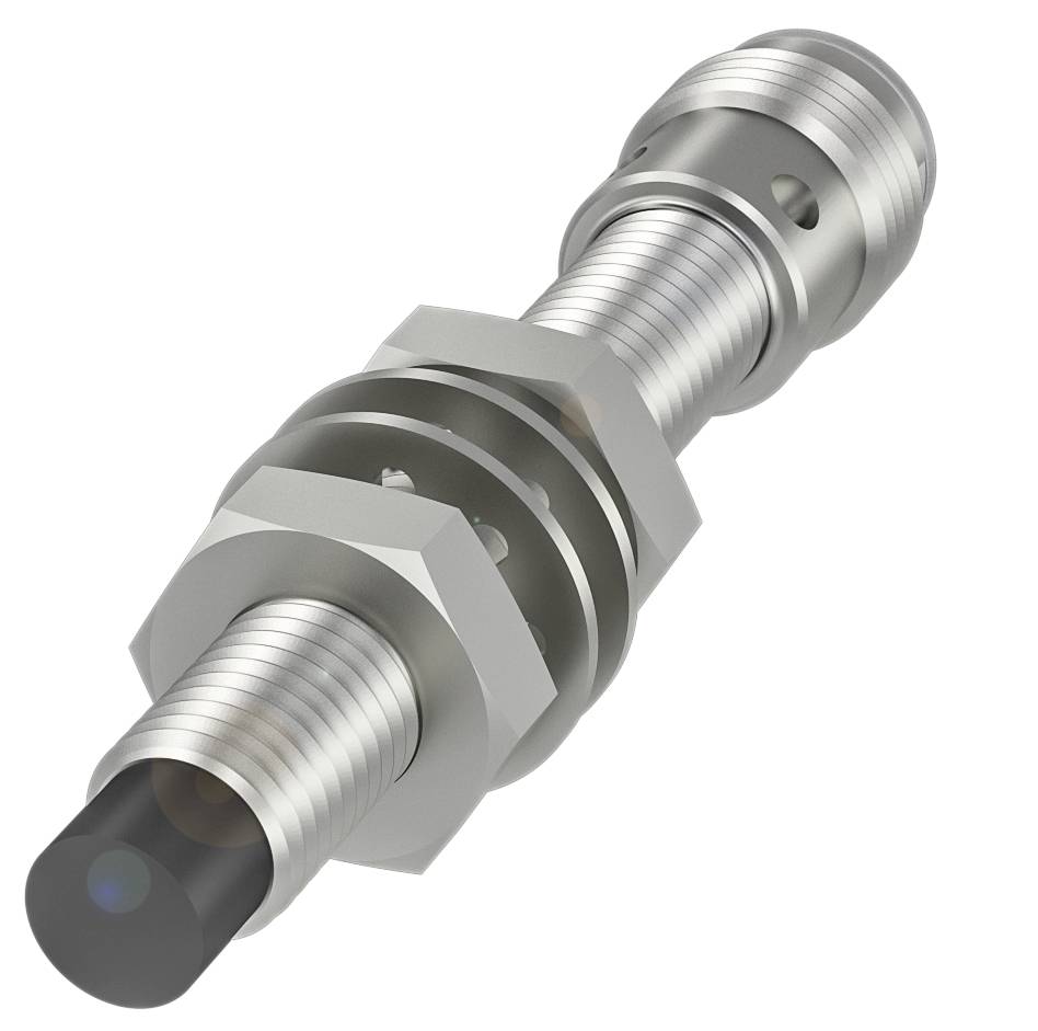 Cilindrični induktivni senzor od metala, s navojem i kabelskim priključkom. Koristi se za beskontaktno otkrivanje metalnih objekata.