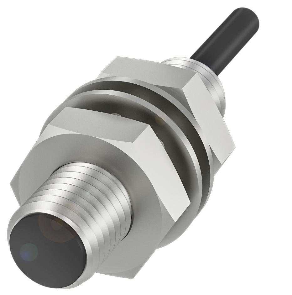 Cilindrični induktivni senzor s navojem i crnim kabelom, koristi se za detekciju metalnih objekata u industrijskim primjenama.