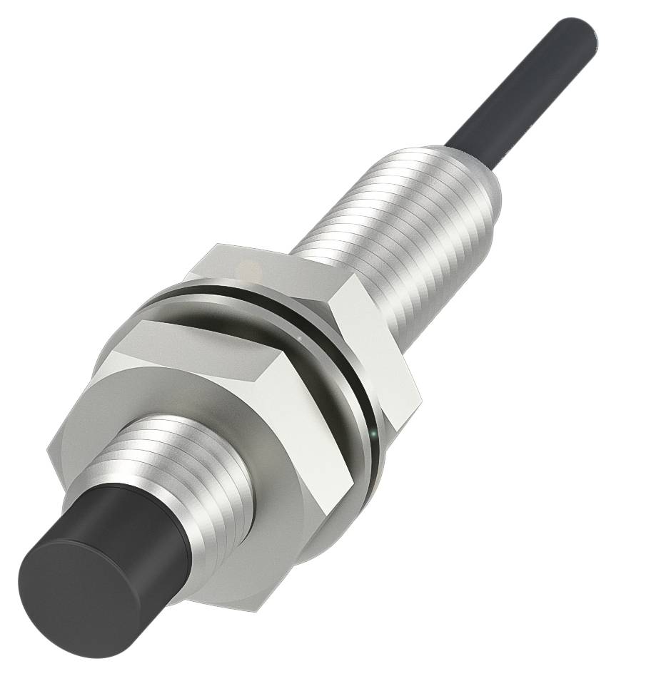 Cilindrični induktivni senzor od metala s crnim plastičnim poklopcem i crnim kabelom, koristi se za prepoznavanje objekata.