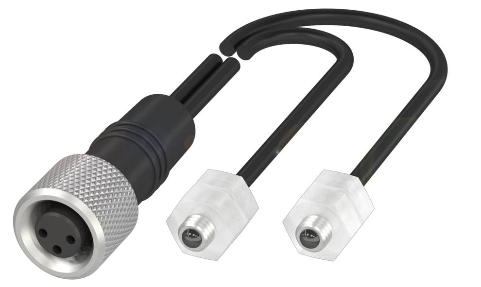 Y-kabel s okruglim utikačem i dvije pravokutne utičnice, koristi se za spajanje audio uređaja ili elektroničkih komponenti.