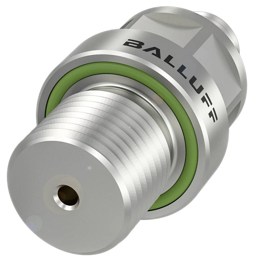 Industrijski okrugli konektor od metala s navojem, robna marka 'Balluff', zeleno brtvilo, koristi se za sigurno spajanje kabela.