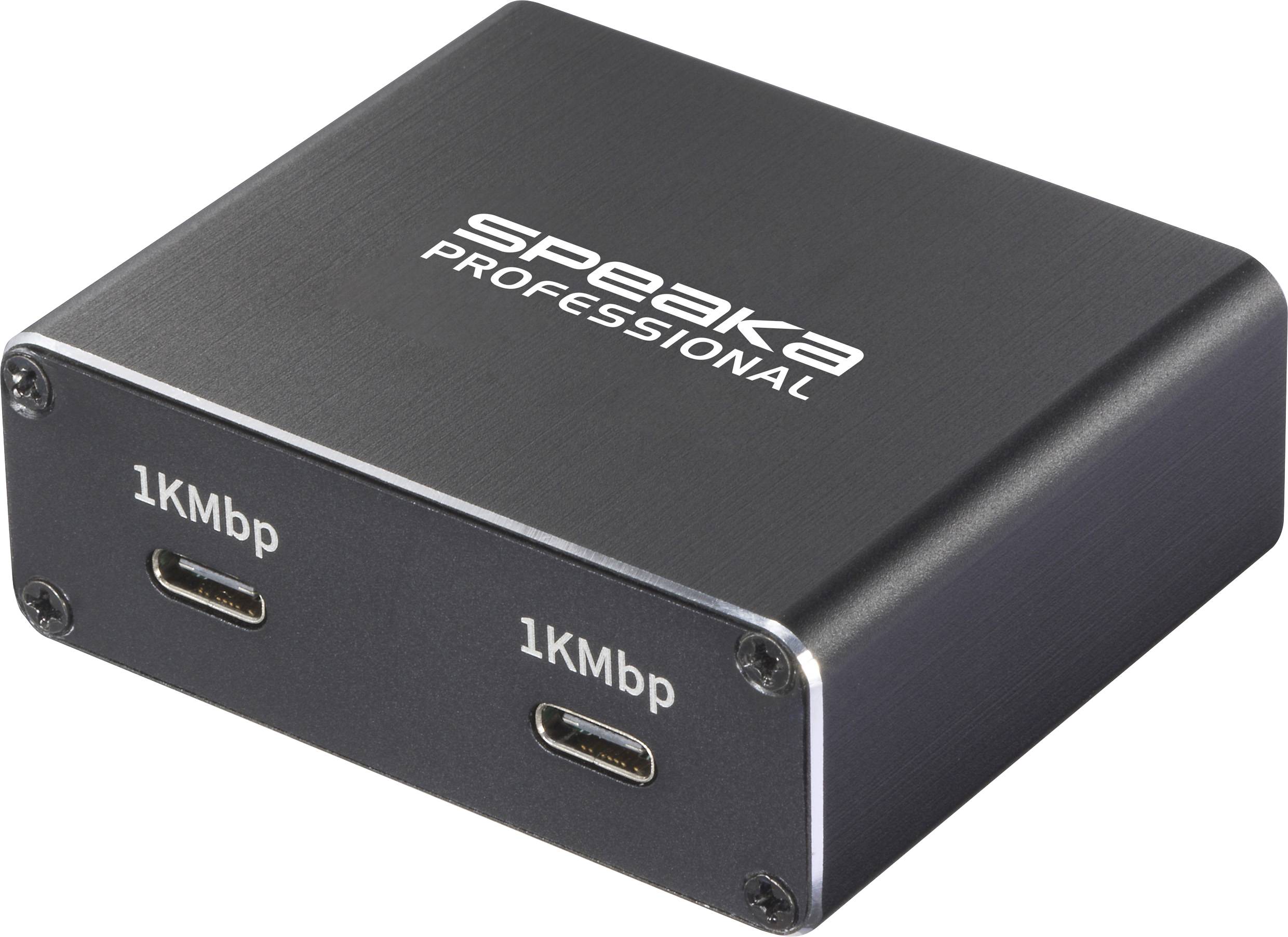 Crni 'Speaka Professional' adapter s dva USB-C priključka od 1 KMbP na jednoj strani, namijenjen visokobrzinskom prijenosu podataka.