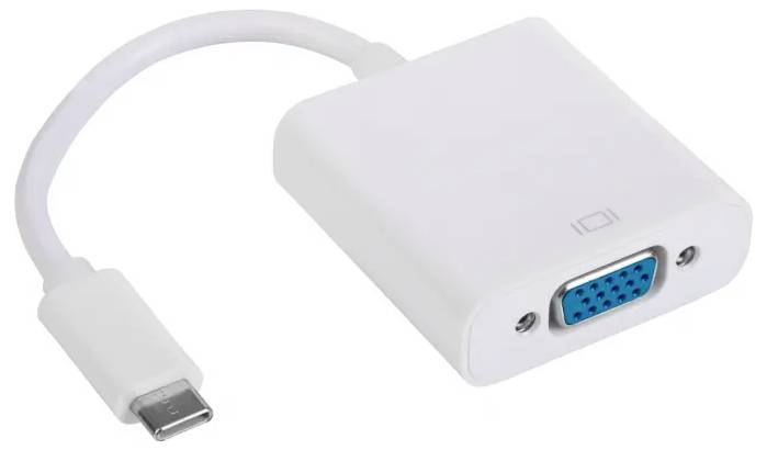 Bijeli USB-C na VGA adapter s kratkim kabelom za povezivanje računala sa stariji monitorima ili projektorima.