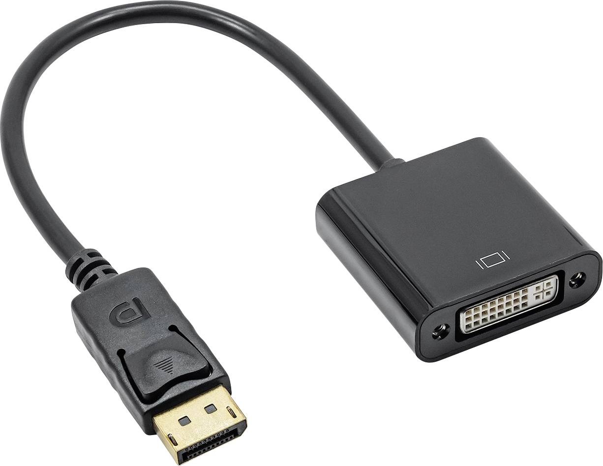 Crni adapter s DisplayPort utikačem na lijevoj strani i DVI utičnicom na desnoj strani, povezani kratkim kabelom.