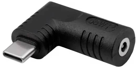 USB-C adapter u L-obliku, crni, s oznakom '65W' na gornjoj strani.