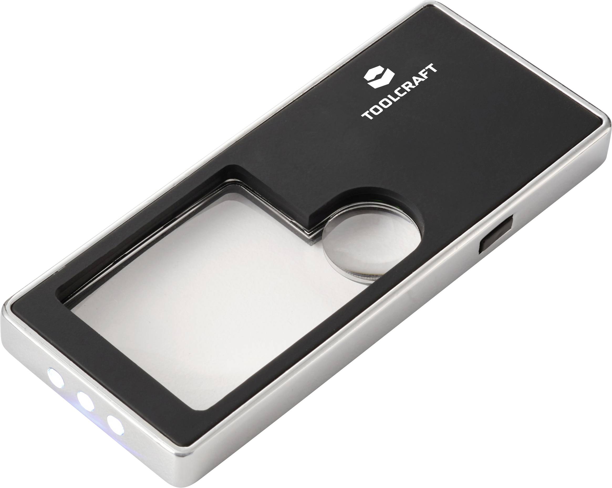 Pravokutna LED lupa s crnim poklopcem i srebrenim rubovima. Naziv brenda 'TOOLCRAFT' ispisan je gore desno.