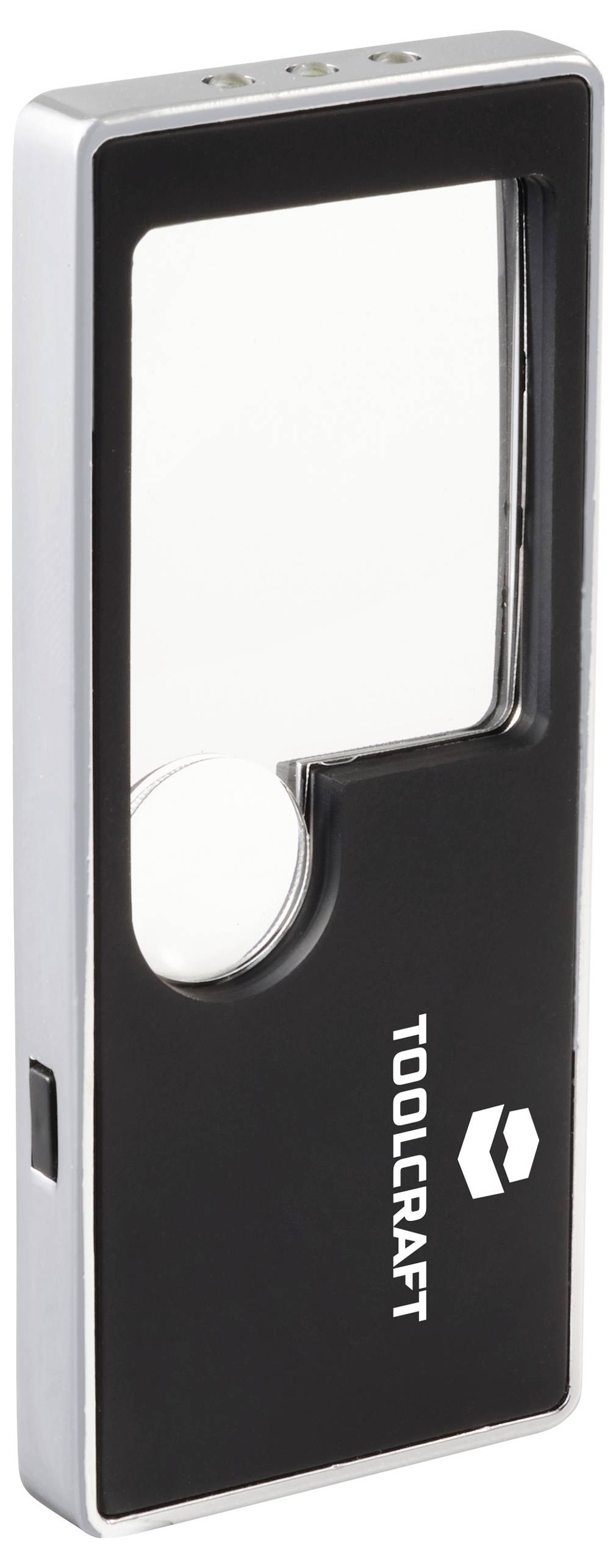 Povećalo "Tirolski pravokutnik (metal)" s crnim plastičnim okvirom i logotipom "TOOLCRAFT", koje ima veliko leće i manju umetnutu leću.