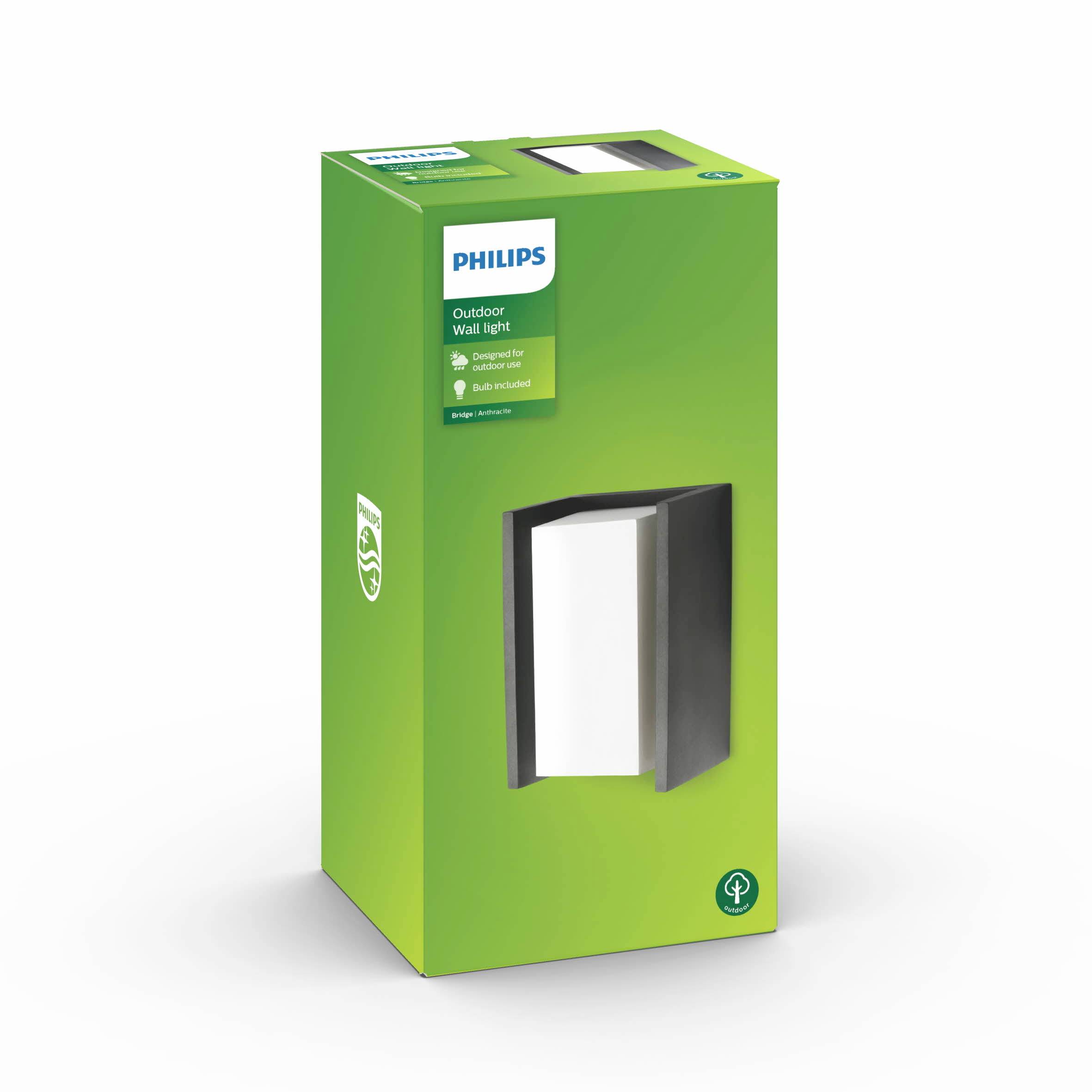 Zeleno pakiranje Philipsa s prikazom crne zidne svjetiljke za vanjsku uporabu. Sadrži energetski učinkovitu LED.
