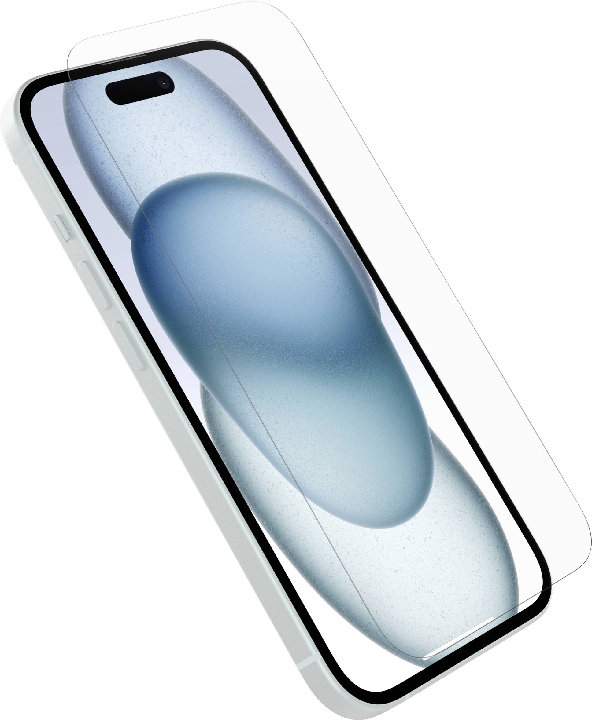 Nagnut pametni telefon s prozirnom zaštitnom futrolom, prikazuje plavi apstraktni ekran na bijeloj pozadini.