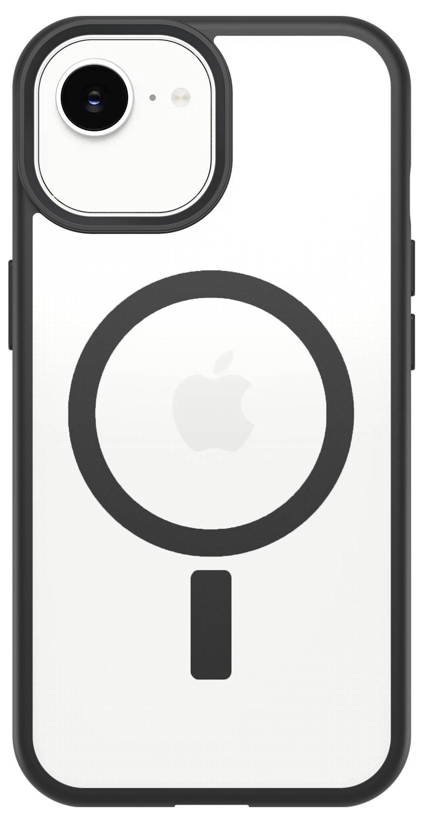 Bijela OtterBox iPhone zaštita sa crnim rubovima i MagSafe prstenom, prikazana u detaljnom prikazu s leđa i sa strane.