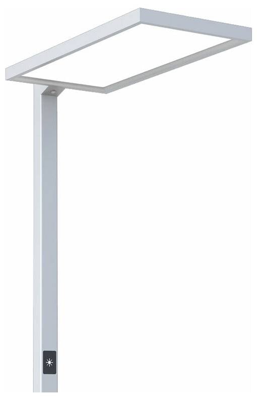 Moderna bijela LED stojeća lampa s pravokutnim sjenilom i uskim metalnim postoljem. Idealna za uredske ili stambene prostore.