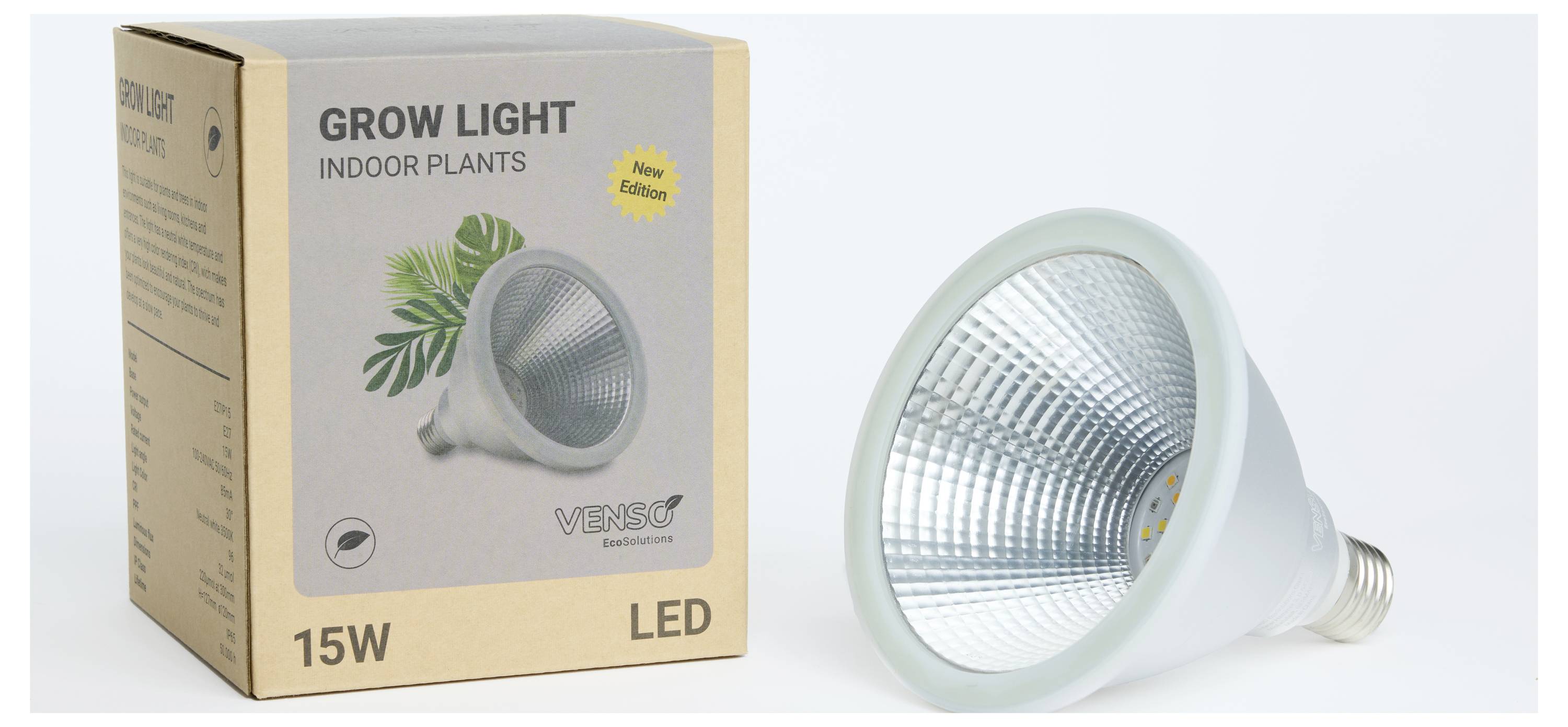 'GROW LIGHT INDOOR PLANTS' LED-lampa, 15W, na pakiranju. Lampa pokraj pokazuje reflektirajuću unutrašnju stranu. Dizajn za rast biljaka.