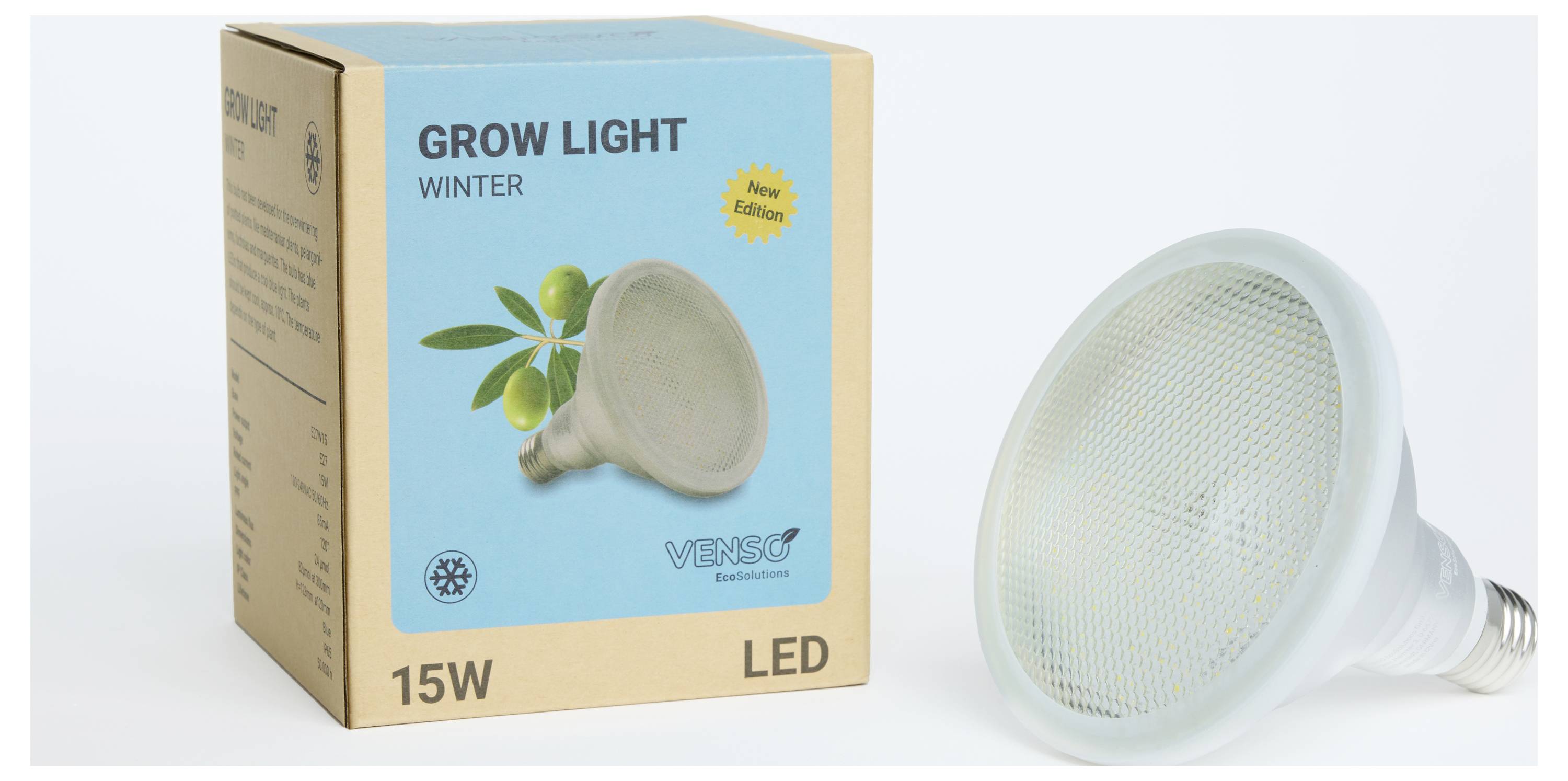 Slika prikazuje LED žarulju 'Grow Light Winter' snage 15W od Venso. Karton prikazuje slike maslina i logo.