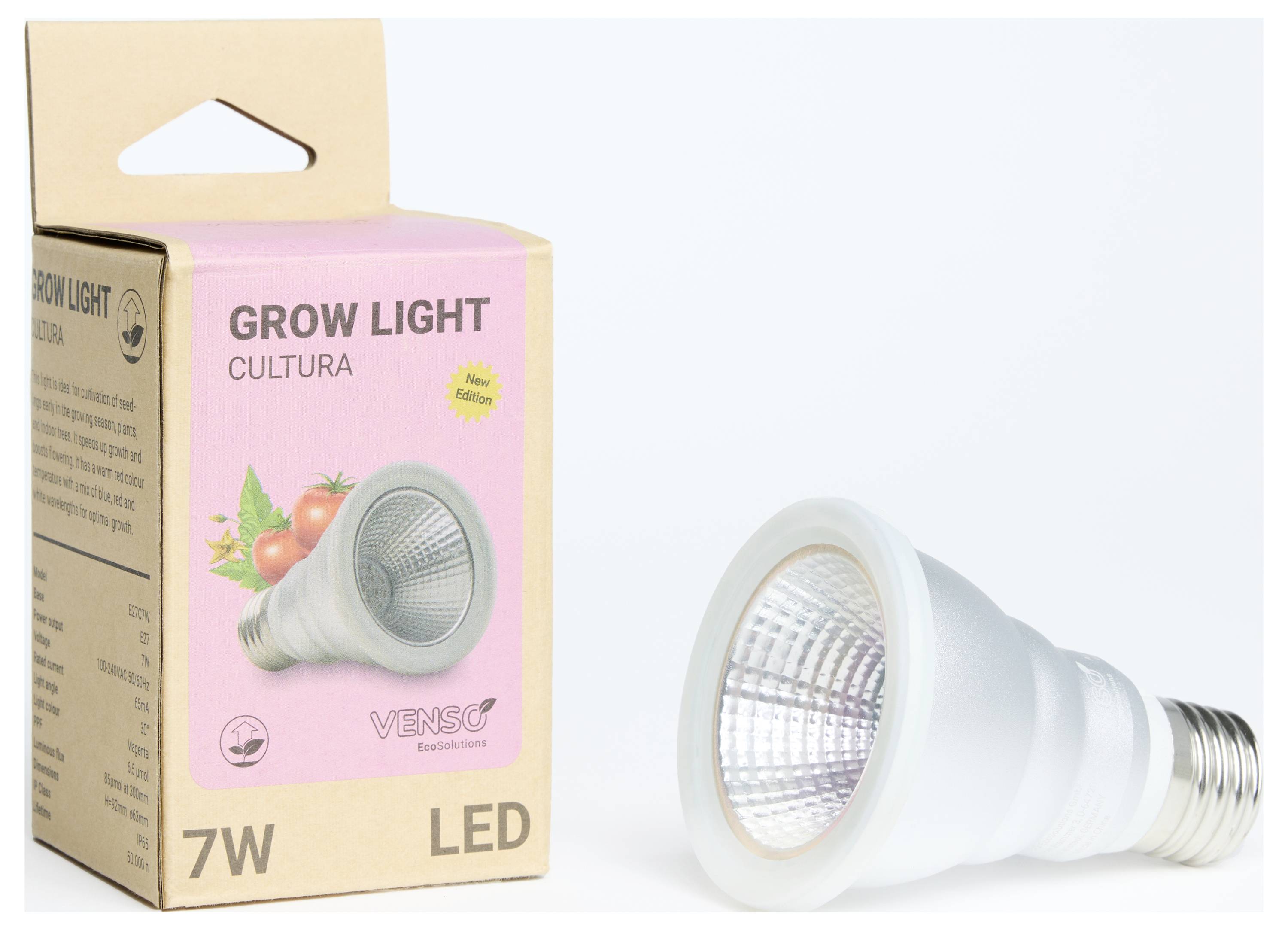 LED lampa za biljke pokraj svoje ambalaže s natpisom 'Grow Light Cultura'. Ambalaža prikazuje rajčice.