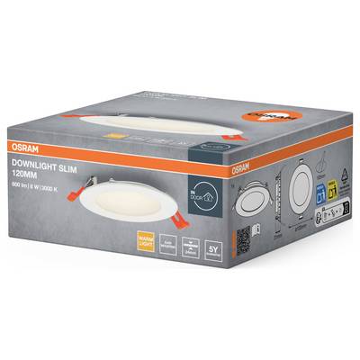 Pakiranje prikazuje okruglu, bijelu LED ugradbenu svjetiljku od Osrama, 120 mm, 800 lm, 8 W, 3000 K, prikladnu za unutarnje prostore, s 5 godina jamstva.