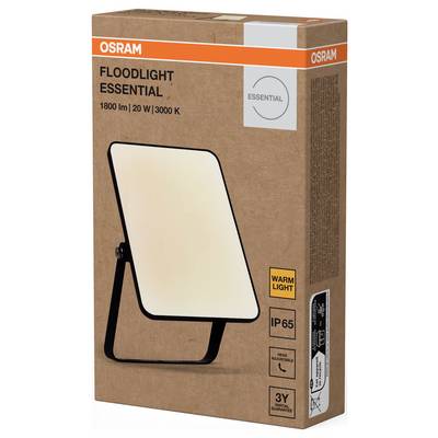 Pakiranje OSRAM LED reflektorske lampe. Natpisi: 'FLOODLIGHT ESSENTIAL', '1800 lm', '20 W', '3000 K', 'IP65', 'TOPLO SVJETLO'.