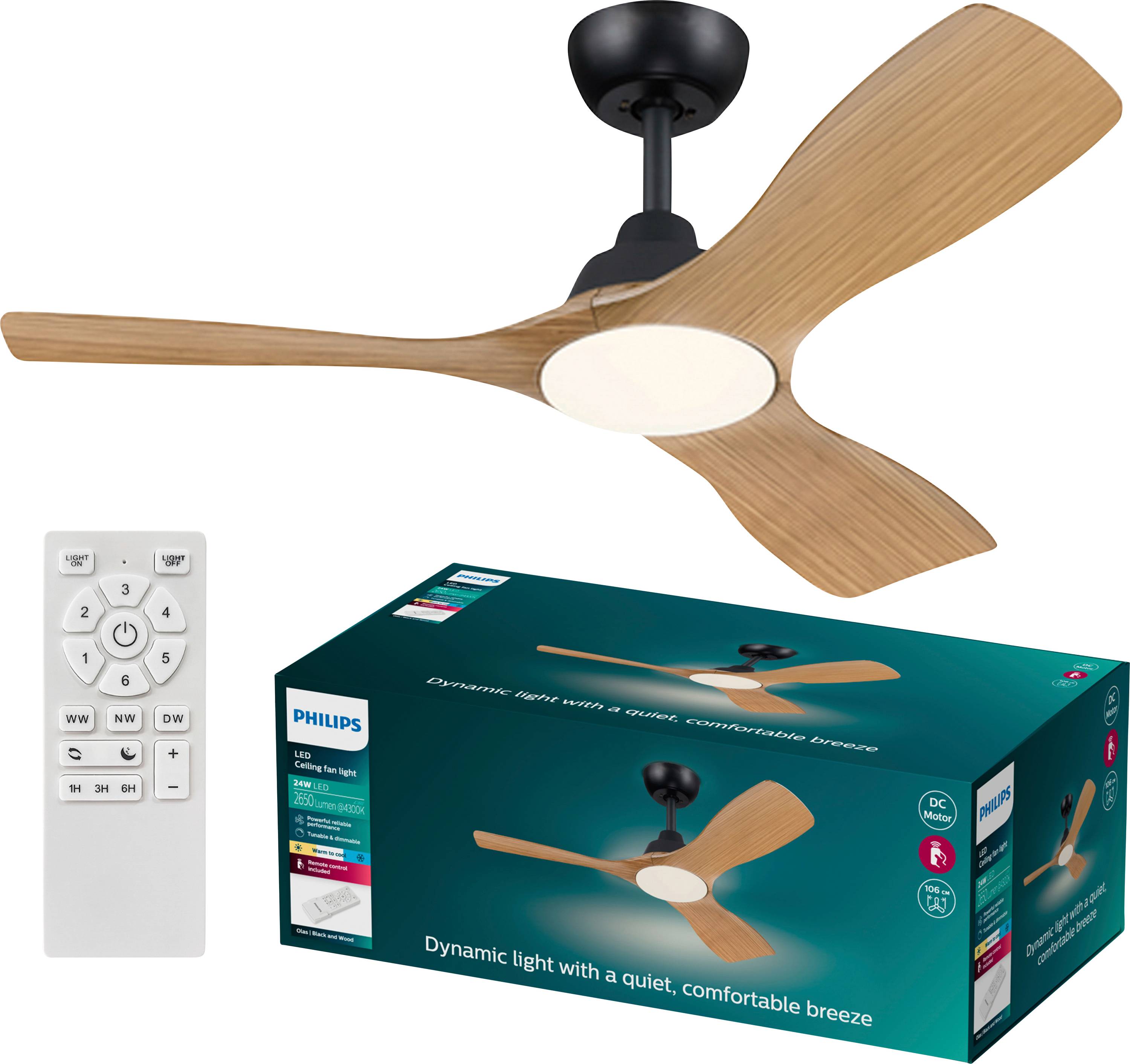 Stropni ventilator Philips s drvenim lopaticama i LED osvjetljenjem. Bijeli daljinski upravljač i ambalaža proizvoda s logotipom i sloganom.