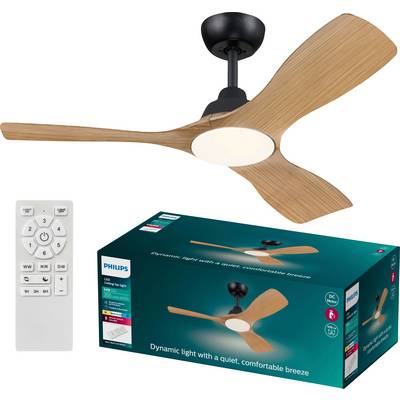 Stropni ventilator Philips s drvenim lopaticama i LED osvjetljenjem. Bijeli daljinski upravljač i ambalaža proizvoda s logotipom i sloganom.
