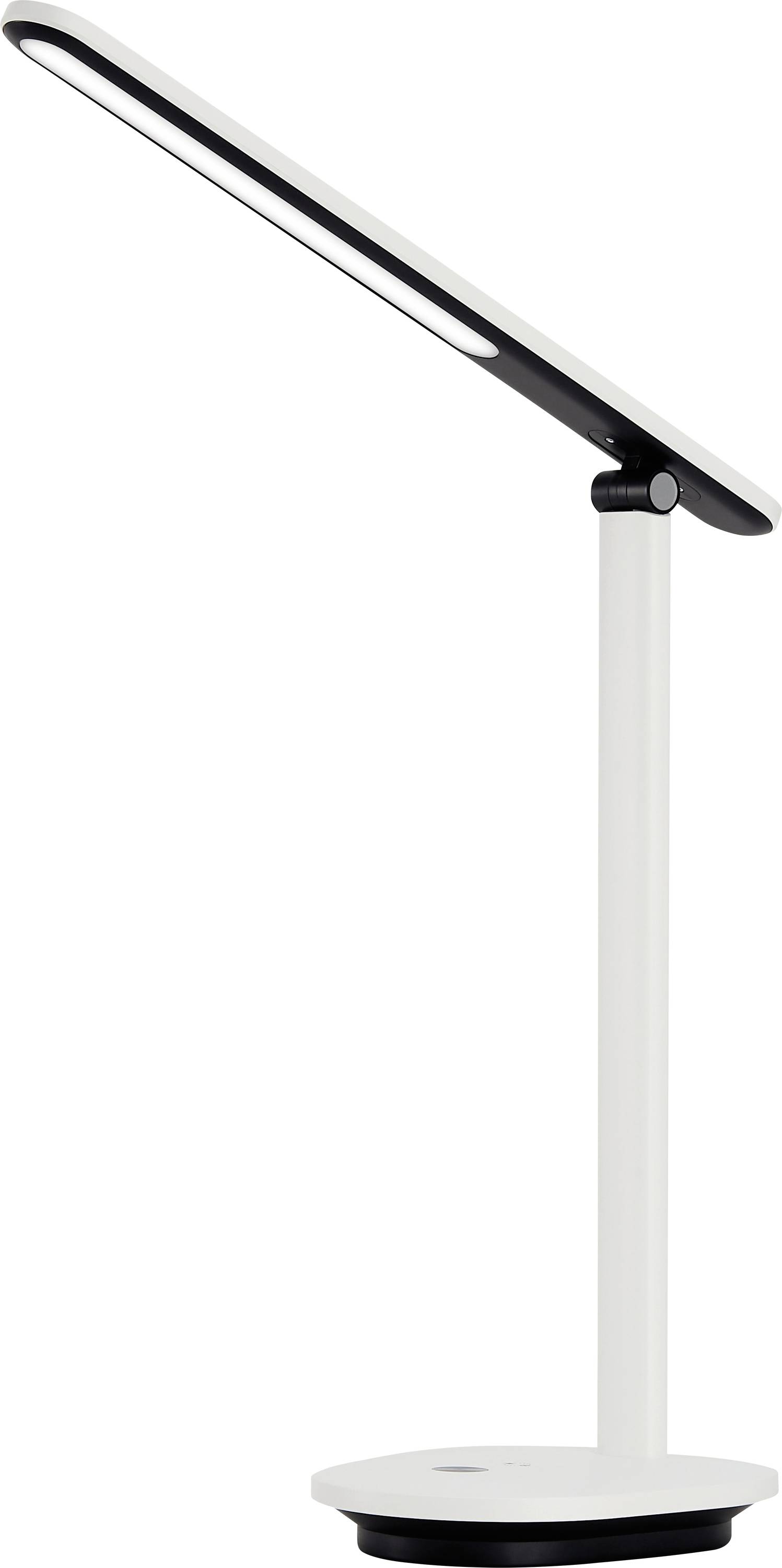 Vitka bijela stolna lampa s pokretnom glavom na okrugloj osnovici, minimalističkog dizajna za moderni interijer.