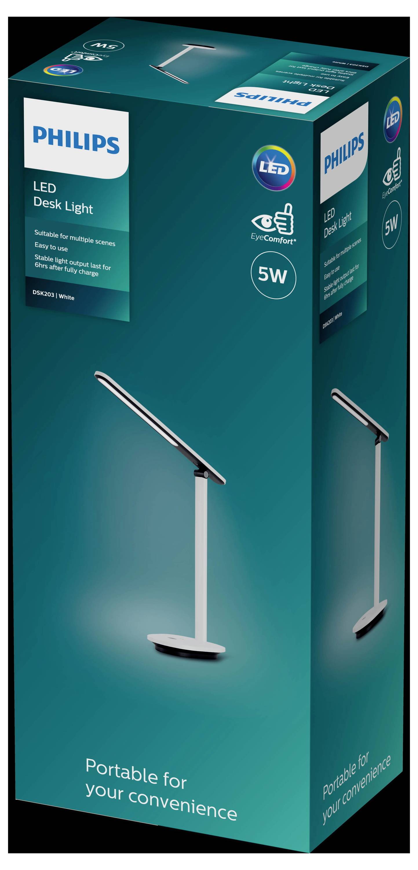 Pakiranje Philips LED stolne lampe, 5W, sa slikom lampe i tekstom 'Prijenosna za vašu praktičnost'.