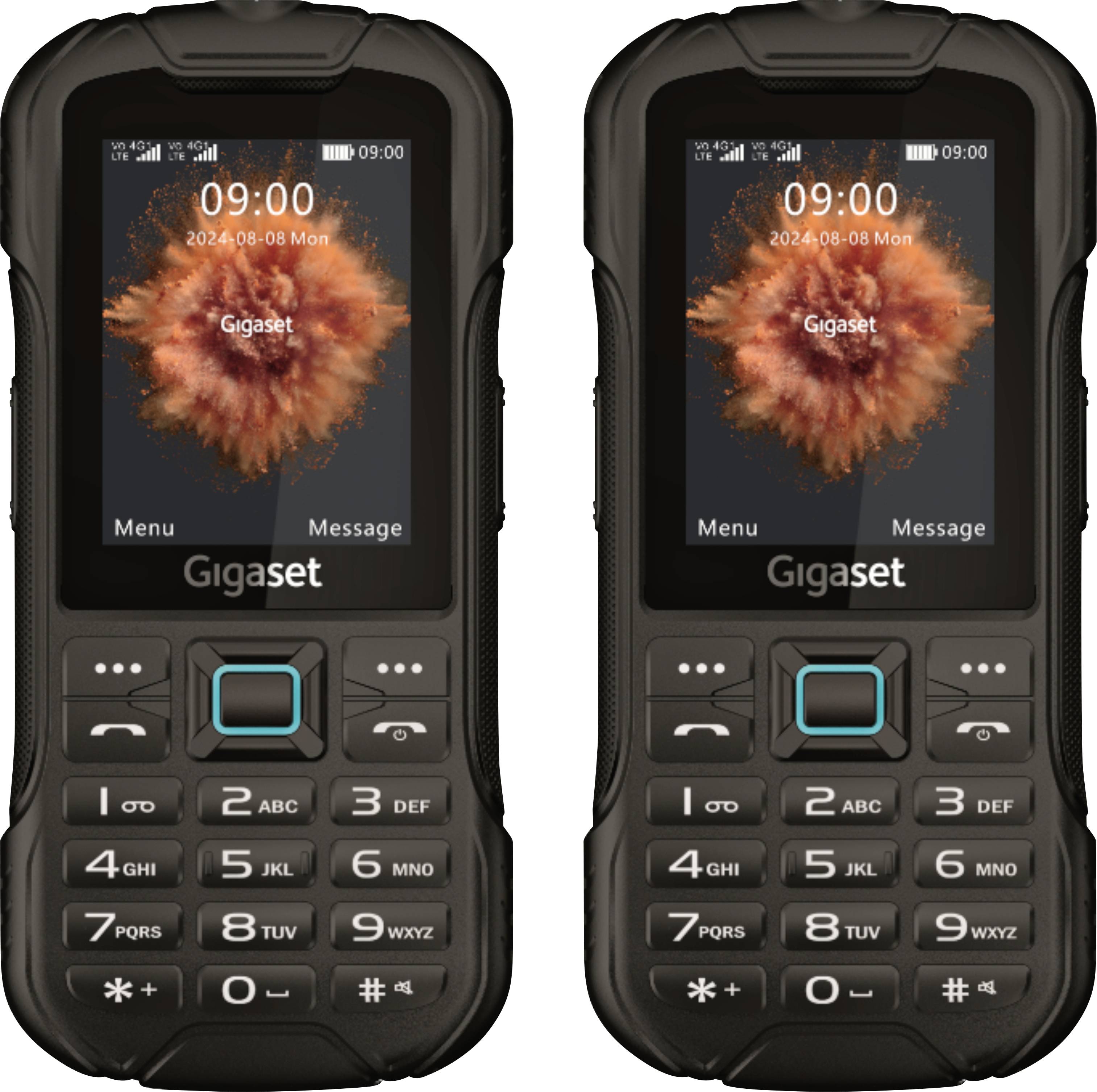 Dva otporna crna mobilna telefona s LCD zaslonima koji prikazuju '09:00' i 'Gigaset'. Telefoni imaju fizičke tipkovnice i identičan dizajn.