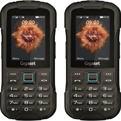 Dva otporna crna mobilna telefona s LCD zaslonima koji prikazuju '09:00' i 'Gigaset'. Telefoni imaju fizičke tipkovnice i identičan dizajn.