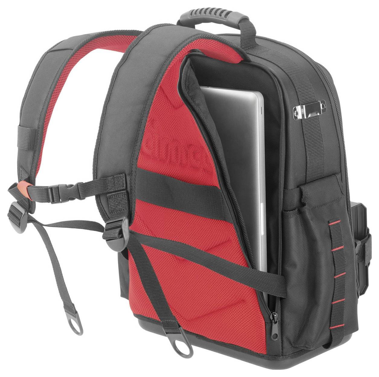 Crno-crveni ruksak s odjeljkom za laptop. Laptop viri odozgo. Ruksak ima podesive naramenice.