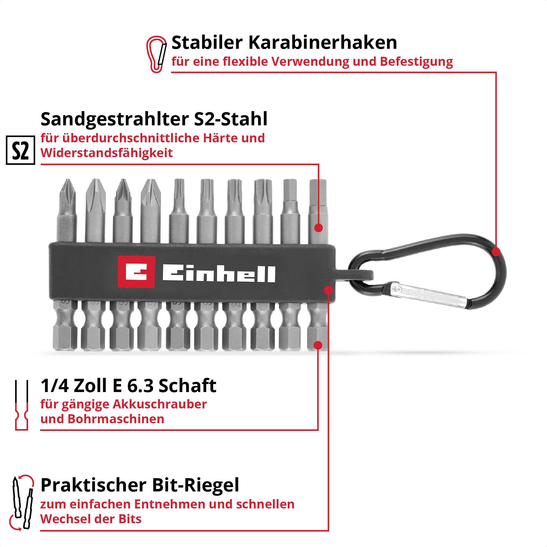 'Einhell' set bitova za odvijač s karabinskim kukom, pješčano bušeni bitovi od S2 čelika, kompatibilni s 1/4 inčnim E 6.3 vratilom, praktični bit-držač.