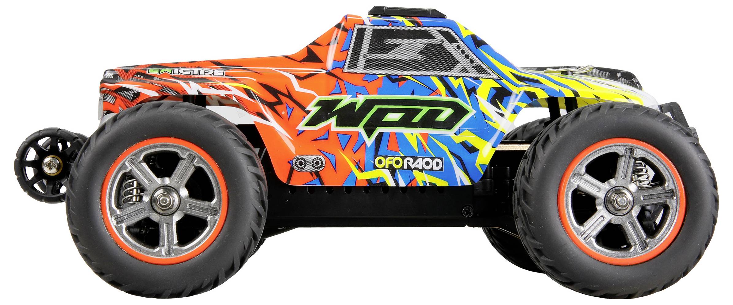 Daljinski upravljani automobil u živahnim bojama, vidljiv bočni profil. Veliki gumovi, sportski dizajn s natpisom 'OFFROAD'.