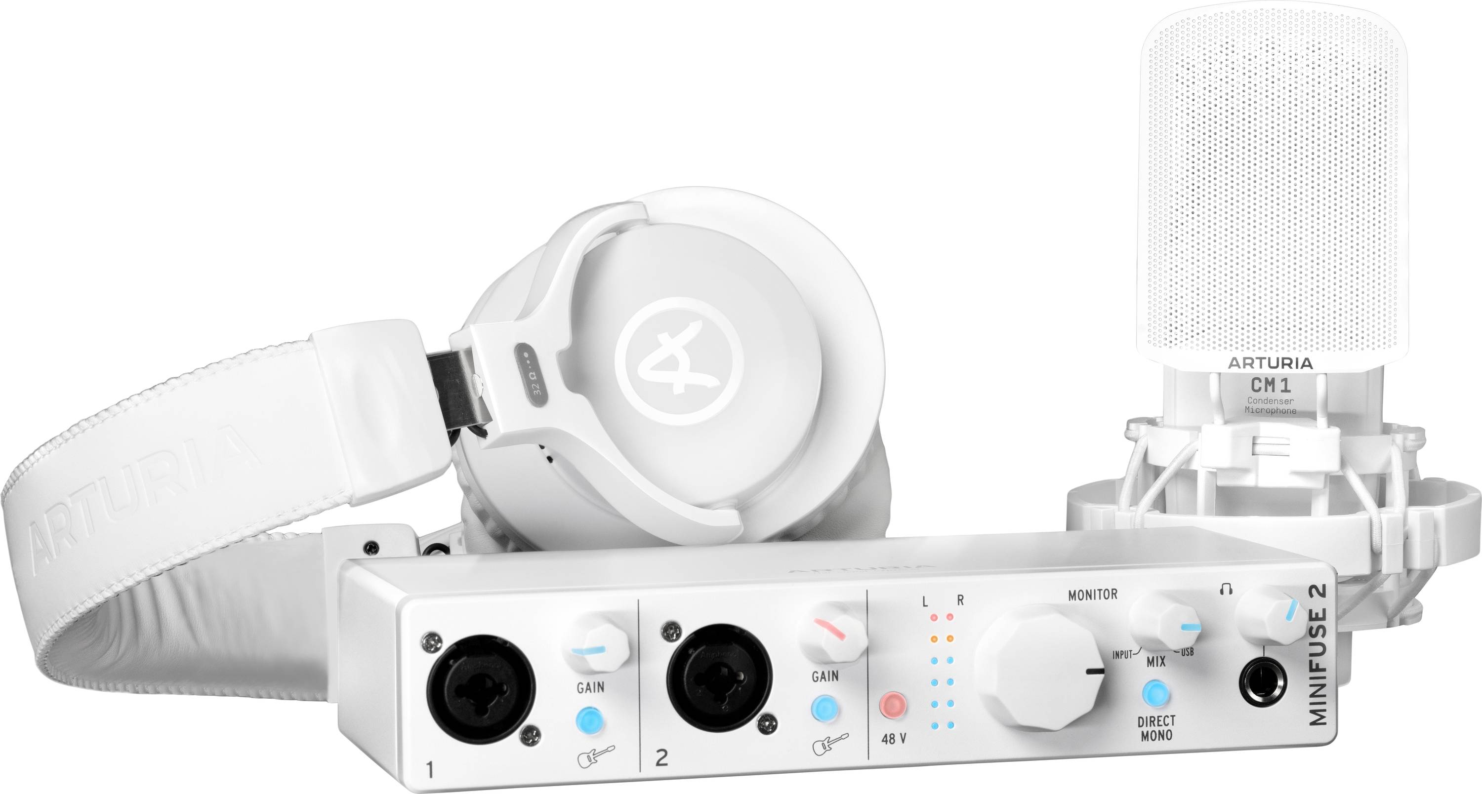 Audio-sučelje Arturia MiniFuse 2, bijelo, s mikrofonom i slušalicama. Dva ulaza i okretni regulatori za upravljanje zvukom.