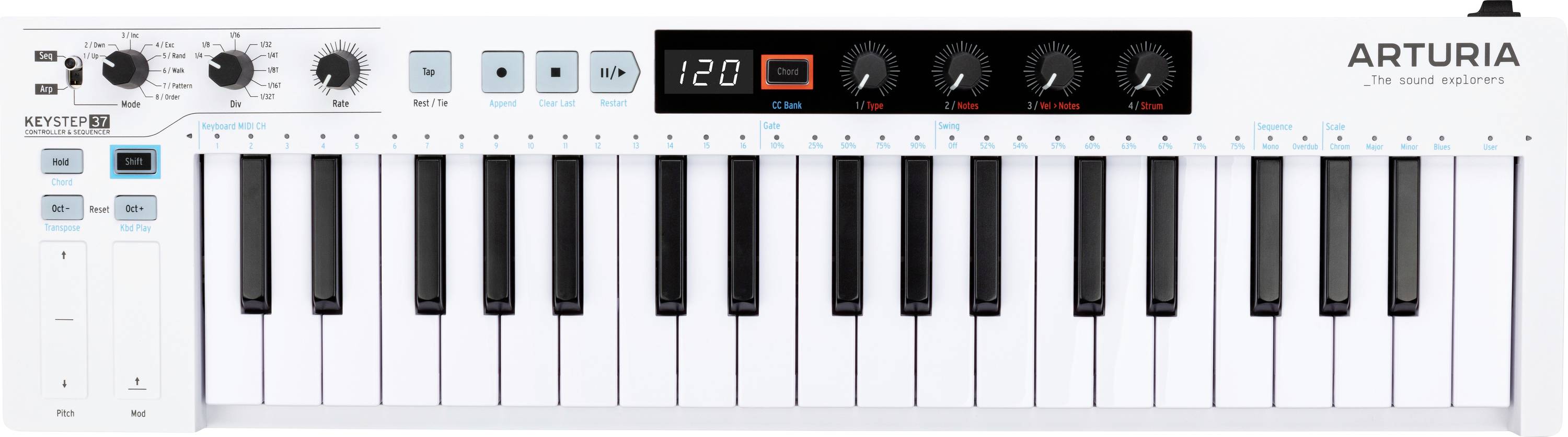MIDI kontroler klavijatura s 25 tipki, brojnim regulatorima i digitalnim zaslonom, prikladna za glazbenu produkciju i nastupe.