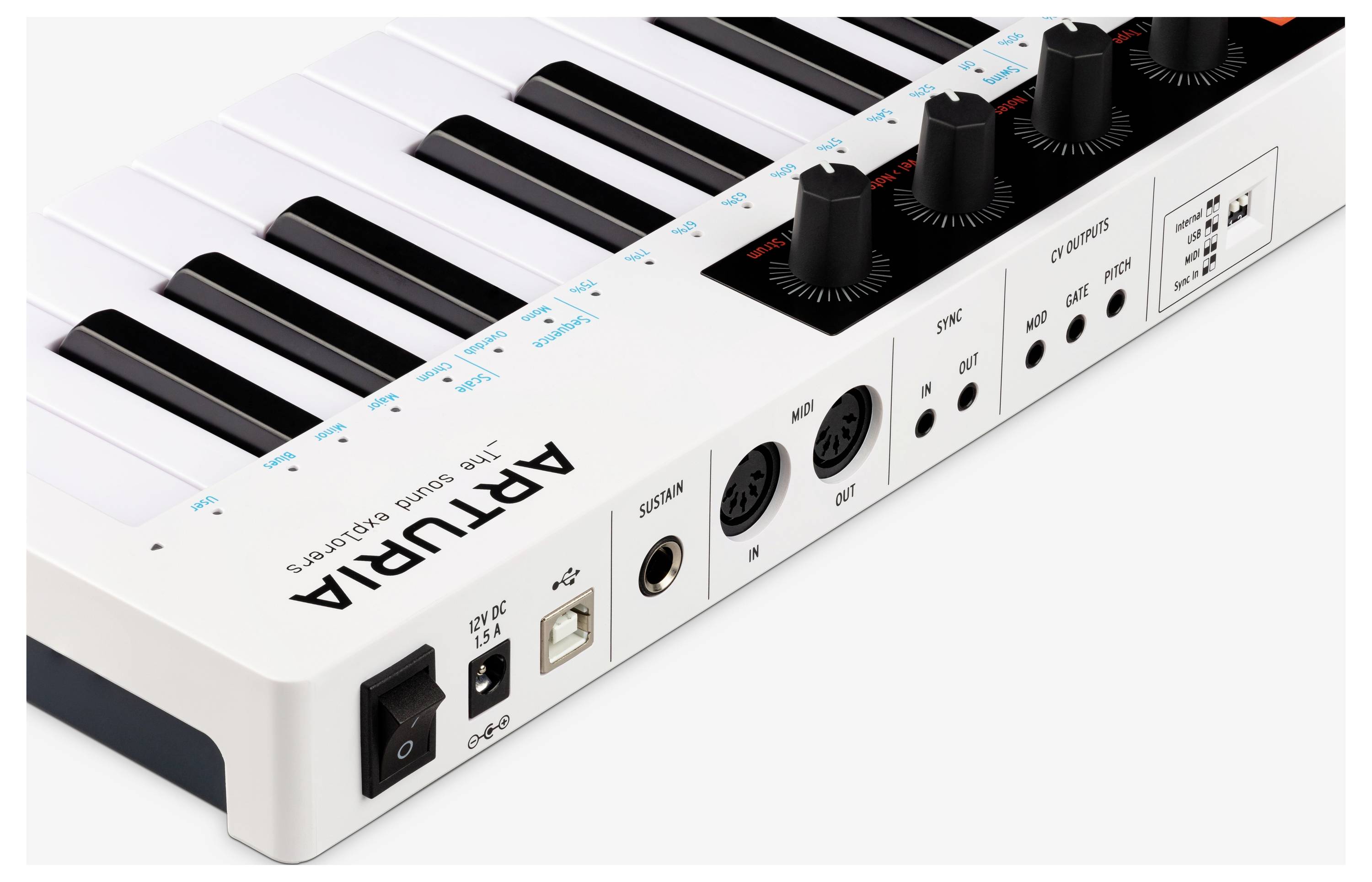 Bijela MIDI tipkovnica s crnim tipkama i nekoliko regulatora. Stražnja strana prikazuje priključke za USB, MIDI i napajanje.