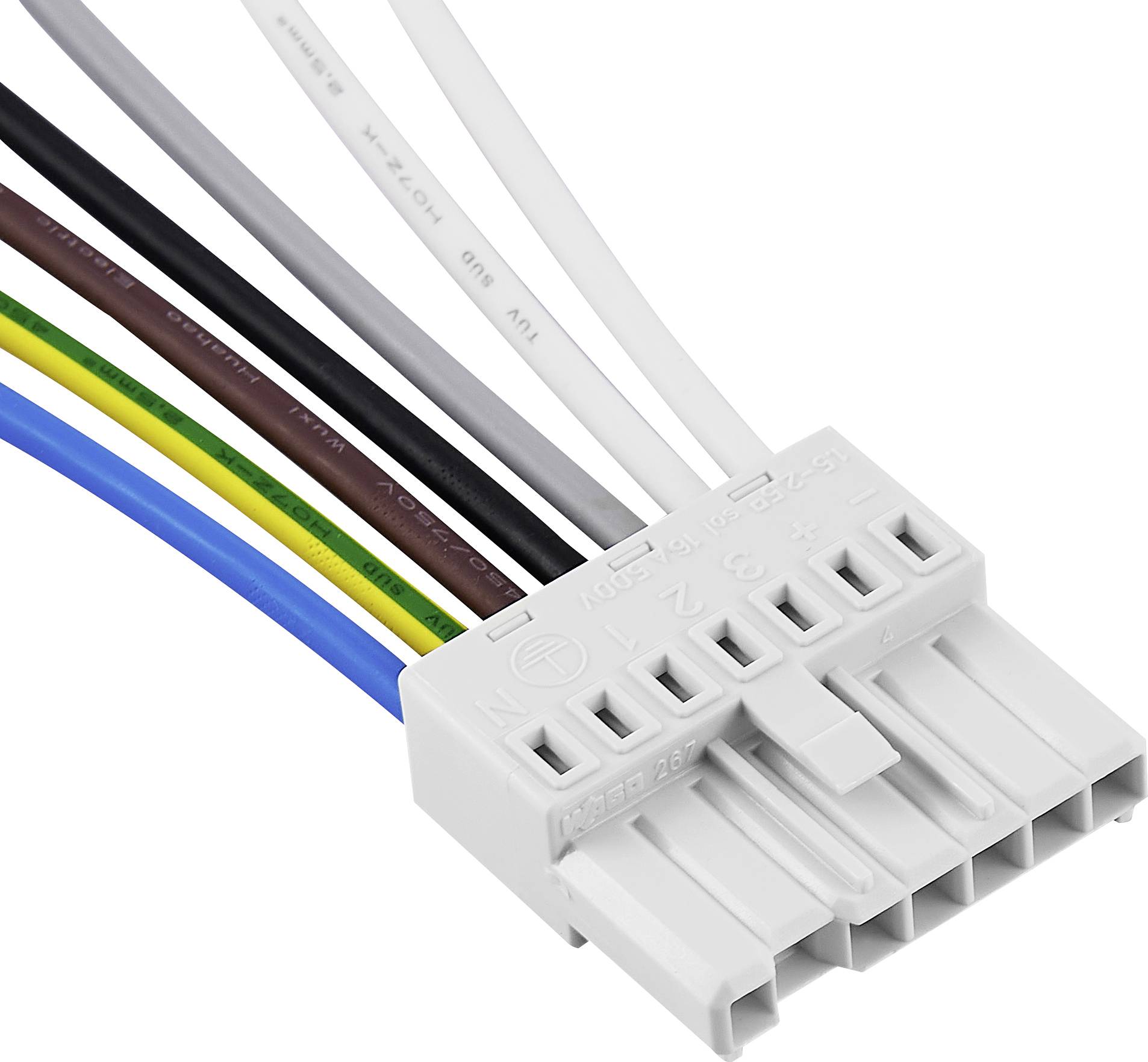 Bijeli plastični konektor s osam obojenih kabela: plavi, zeleni/žuti, smeđi, bijeli, sivi i crni. Povezuje elektroničke komponente.