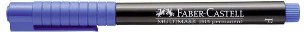 Plavi Faber-Castell Multimark 1515 trajni marker leži vodoravno, prikazujući logo i oznaku na crnom tijelu s plavim čepom.