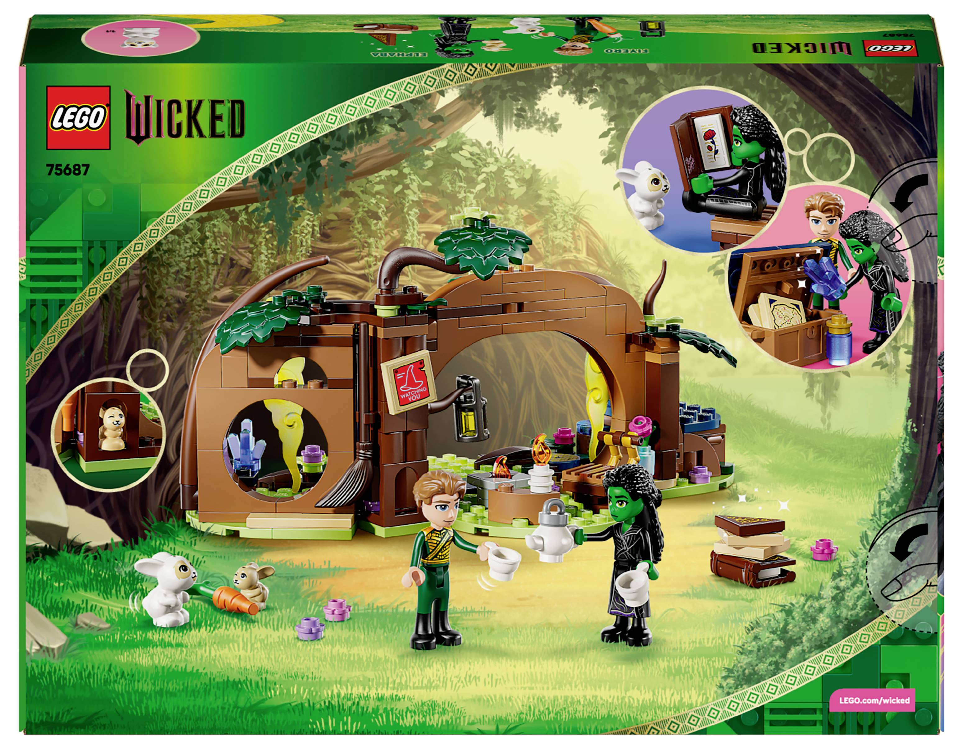 LEGO 'Wicked' set koji prikazuje šumsko skrovište s likovima koji razmjenjuju predmete. Uključuje životinje, biljke i dodatke. Broj seta 75687.