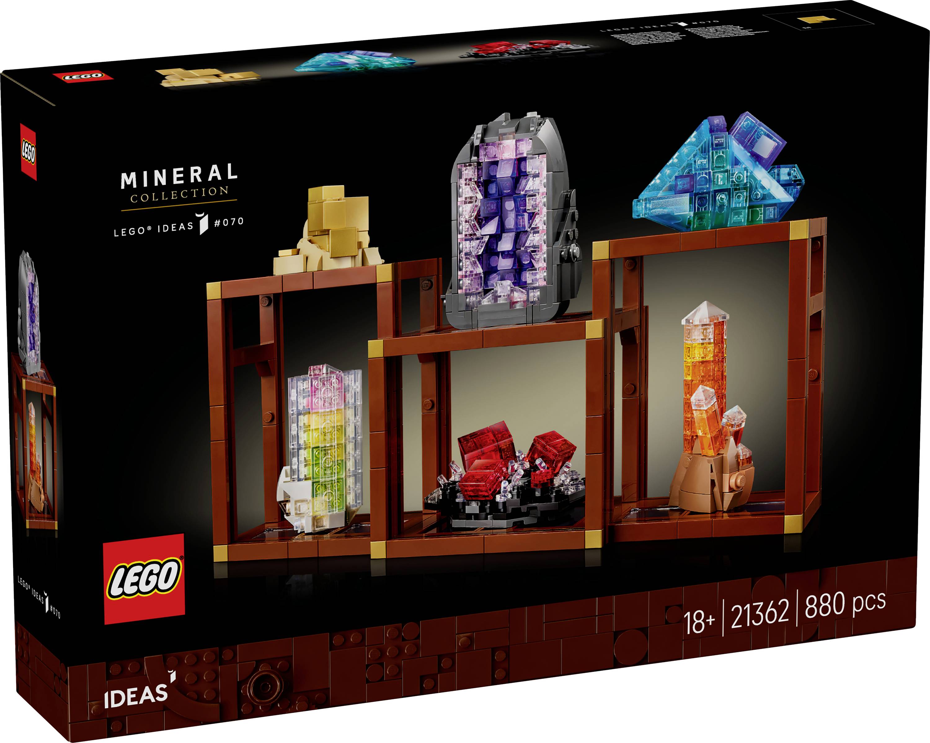 Kutija LEGO Ideas seta 21362, 'Zbirka minerala', koja sadrži šarene modele minerala izrađene od kockica, prikazane na tamnoj pozadini, 880 dijelova.