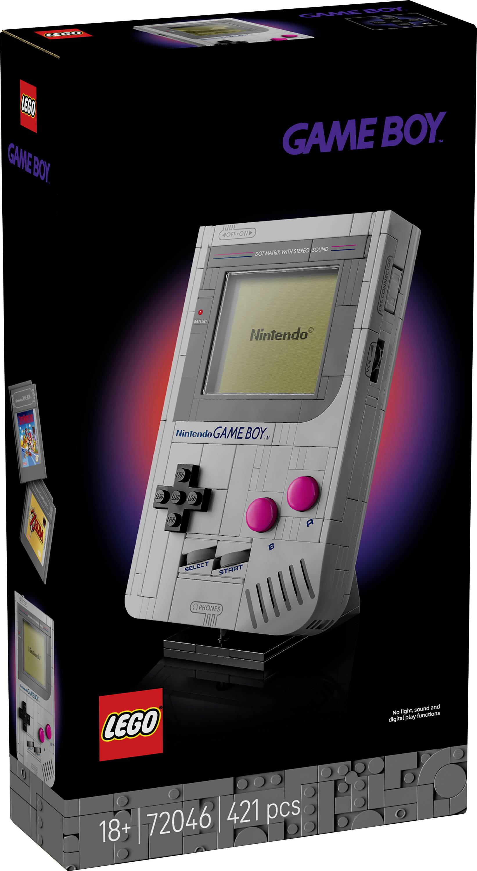 LEGO model retro ručne konzole za igre na crnoj kutiji. Sastoji se od sivenih kockica s ružičastim tipkama i zaslonom, označen kao 'Game Boy'.