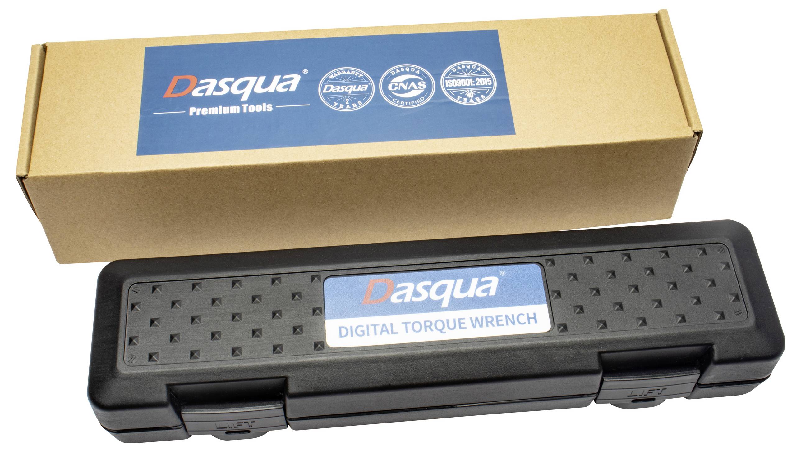 Kutija 'Dasqua Premium Tools' i tvrdi kofer 'Digitalni moment ključ', prikazujući ambalaž i brendiranje za proizvod momentnog ključa.