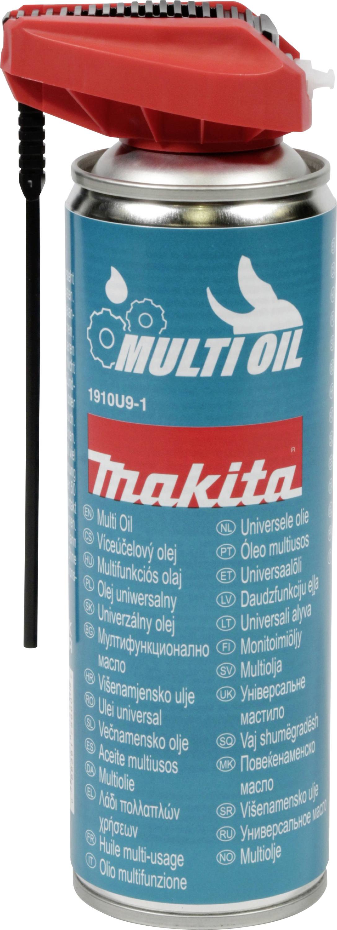 Sprej 'Makita Multi Oil' s crvenom mlaznicom, koji navodi višejezične oznake za "univerzalno ulje". Sadrži identifikator modela 1910U9-1.