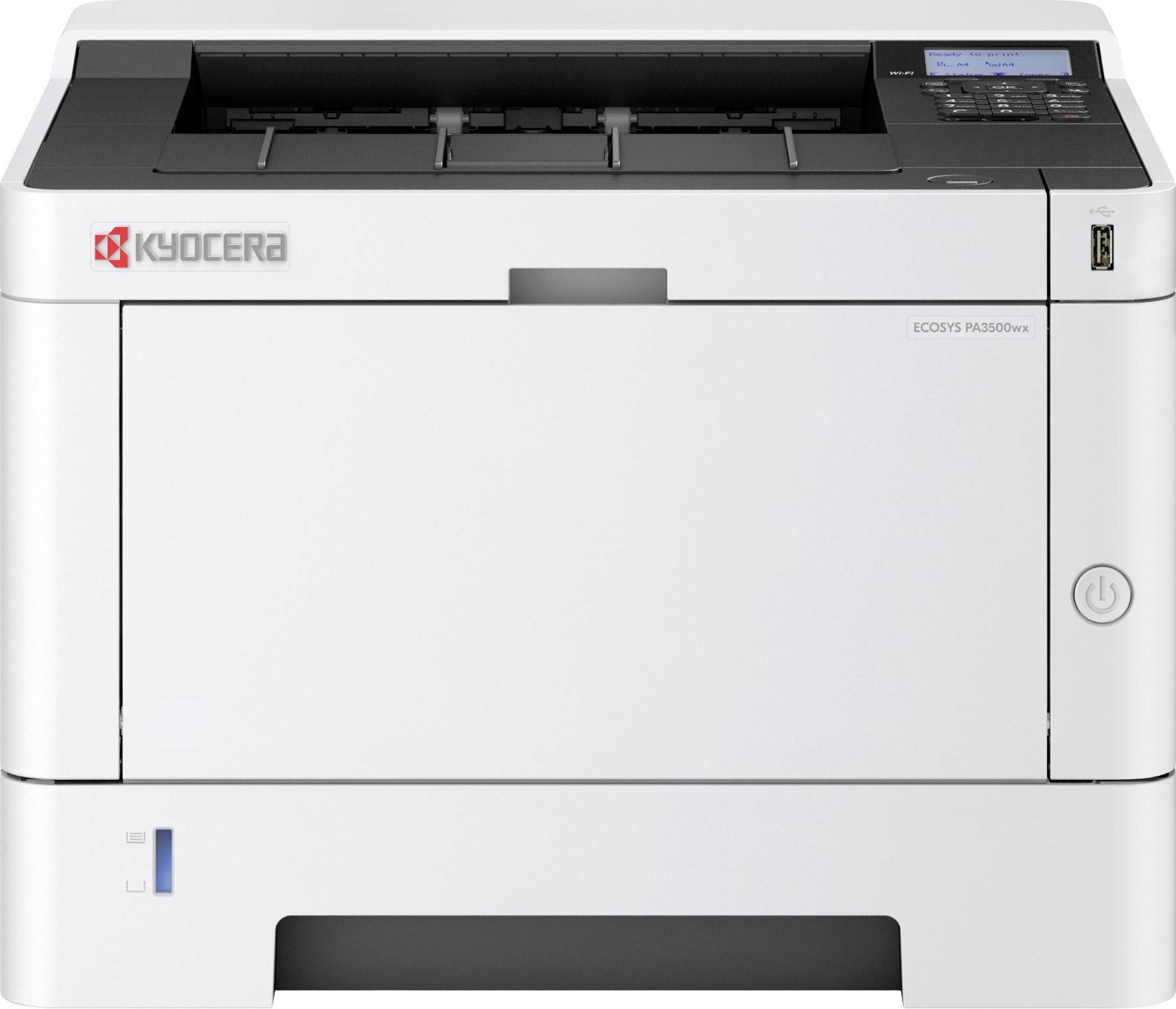 Bijeli uredski printer s logotipom marke u gornjem lijevom kutu i modelom 'ECOSYS P4040dn' prikazanim. Vidljivi gumb za uključivanje i ulazni ladičar.