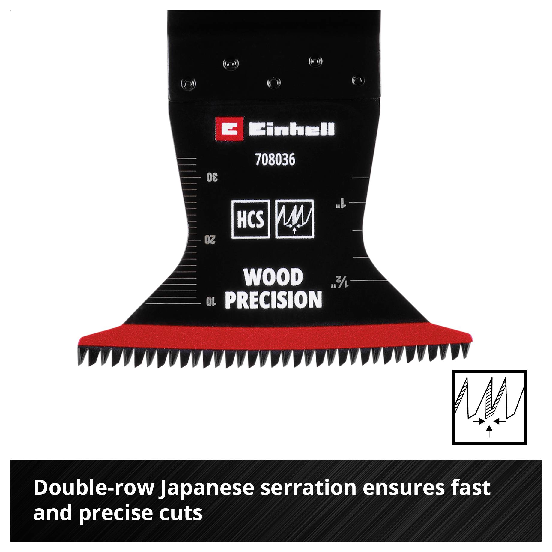 Dvostrana pila Einhell-a s japanskim zubima za precizne rezove u drvu; grafika pokazuje uzorak reza.