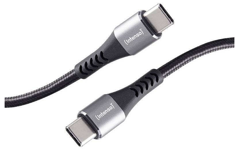 Dva USB-C kabela s sivim metalnim konektorima i crnim upleteним kabelima, prikazana na bijeloj pozadini.