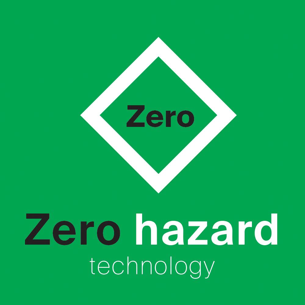 Zeleni logo 'Zero hazard technology' s bijelim dijamantom koji sadrži riječ 'Zero' iznad teksta.